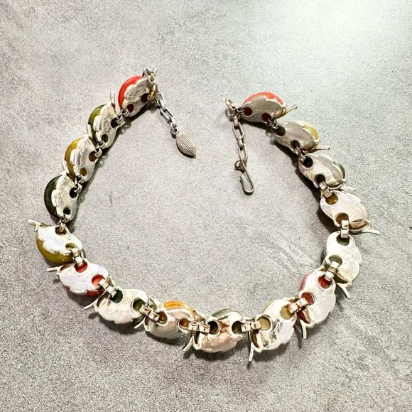 Vintage Bakelite Multi Colored Cabochon Necklace Choker Silver Tone Mod Spring - Picture 5 of 7